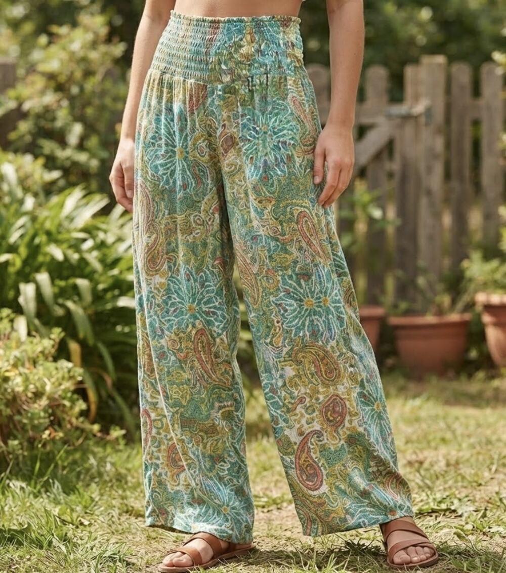 O'Neill Women's Boho Paisley Smocked Waist Viscose Wide Leg Beach Pants Size L